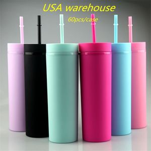 USA Lokaal magazijn 16oz Acryl Skinny Tumbler met deksel gekleurd stro Dubbelwandige drankwaterfles Zachte matte plastic beker ea2207