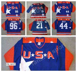 USA Film 96 Charlie Conway 21 Dean Portman 44 Maillots de hockey sur glace Fulton Reed Sports Blue Stitched