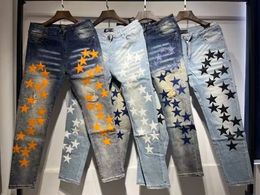 Taille américaine déchiré Orange Amiryes étoile Patch coupe ajustée petits pieds étoile trou extensible jean pour hommes Denim