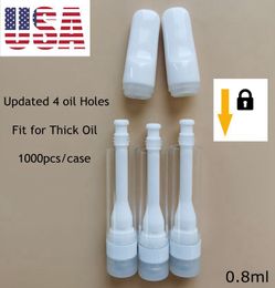 USA Stock Cartouche entièrement en céramique de 0,8 ml Atomiseur tout en céramique à filetage 510 Mise à jour 4 trous d'huile épais Chariots Stylo vide Plateau en mousse Emballage Livraison locale en 2 à 5 jours