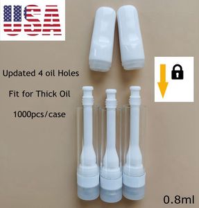 USA Stock 0.8ml Full Ceramic Cartridge 510 Thread All-Ceramic Atomizer Updated 4 Thick Oil Holes Carts Empty Pen Foam Tray Packaging Local 2-5 Day Delivery