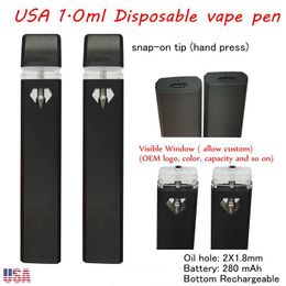 USA Stock 1,0 ml stylo vape jetable 280 mah batterie rechargeable stylos vaporisateur vides kits de stater d'huile épaisse 200 pcs / cas service de nuit