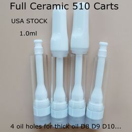 USA Stock 1.0 ml Cartouche en céramique complète 510 Atomiseur de fil mis à jour 4 trous d'huile épais Chariots vides Stylo vaproiseur Emballage de cartouches de vape personnalisées