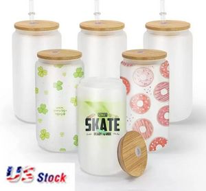 EE. UU. STOCK 16 oz Tazas de cerveza de vidrio de sublimación con tapa de bambú Vasos de paja DIY Espacios en blanco Esmerilado Tazas de lata transparente Transferencia de calor Café helado Vasos de whisky SS1104