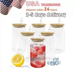 USA STOCK Bouteilles d'eau de 16 oz Tasses à sublimation avec couvercle en bambou Gobelets en verre de paille DIY Blanks Clear Can Cups Transfert de chaleur Café glacé Whisky Drinkware