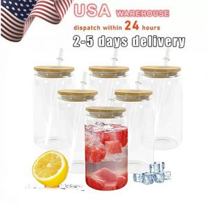 USA STOCK 16 oz Botellas de agua Tazas de sublimación con tapa de bambú Vasos de vidrio de paja DIY Espacios en blanco Tazas de latas transparentes Transferencia de calor Café helado Whisky Drinkware SS1116