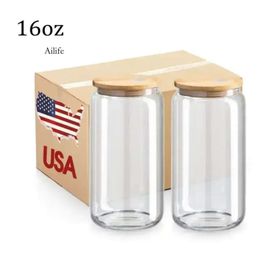 USA Stock 16oz Sublimation Blanks en verre tasses avec couvercle de bambou bière givrée de bière borosilicate gobelet maçon tasses gobelets 0522