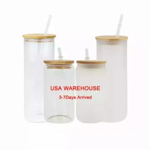 USA STOCK 16oz Sublimation Verre Blancs Avec Couvercle En Bambou Givré Bière Can Borosilicate Tumbler Mason Jar Tasses Tasse Avec Paille En Plastique 50pcs / ctn