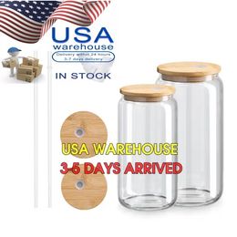 USA STOCK 16oz Sublimation Glass Mug Clear Frosted Iced Coffee Tea Mugs Straw Cups With Bamboo Lid Summer Drinking Bottles 0515
