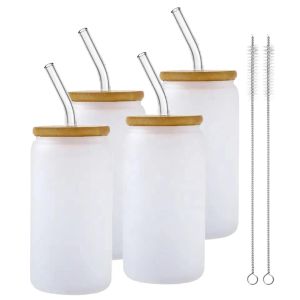 EE. UU. STOCK 16 oz Sublimación Tazas de vidrio Tazas en blanco con tapa de bambú Cerveza helada Lata Vasos Vaso Mason Jar Plástico Paja tt0408