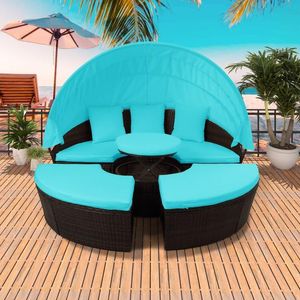 VS Stock, Blue Patio Meubels Ronde Outdoor Sectional Sofa Set Rotan Dagbed Sunbed met intrekbare luifelhoogte Pas SH000086AAC aan