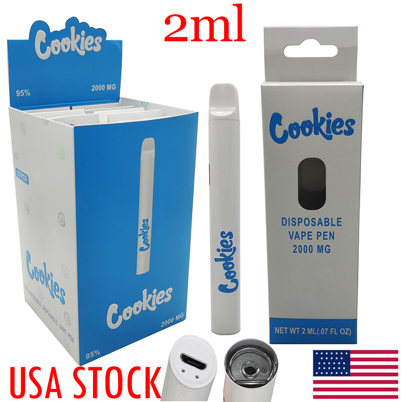 USA Stock Cookies Vape Pen 2ml Disposable E-cigarettes Carts Thick Oil Pods Empty Ceramic Coil Vaporizer White Round Pens Rechargeable 350mah Battery Packaging OEM