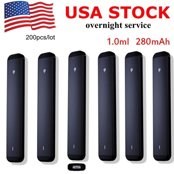 USA Stock Disposable Vape Pen 1 ml POD 280mAh Batterie rechargeable Device noir vide Emple Huile Tank Aucun obstacle sans plomb brûlant gratuite 50pcs / Commande d'échantillon de boîtier