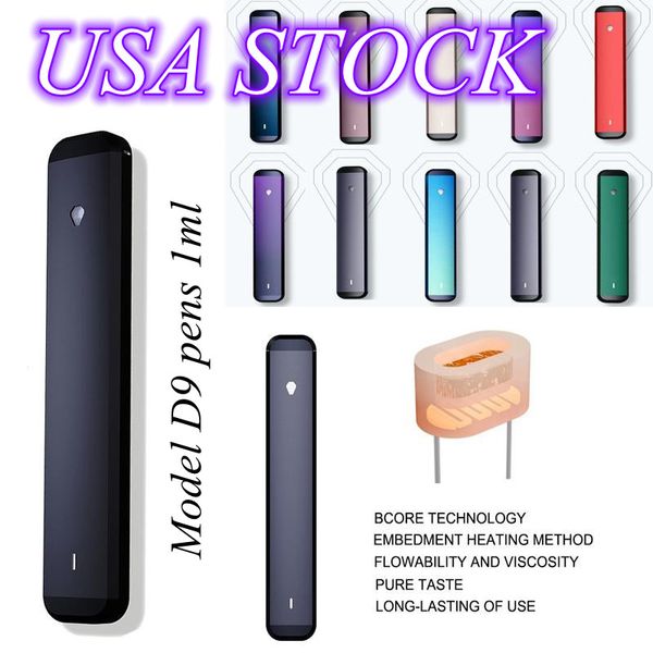 USA STOCK Stylo Vape jetable E-cigarette 1 ml Pods vides Chariots Vaporisateurs Chariots à huile épais Stylos noirs plats Batterie rechargeable 280 mAh Bobine en céramique D9 Exemple de commande