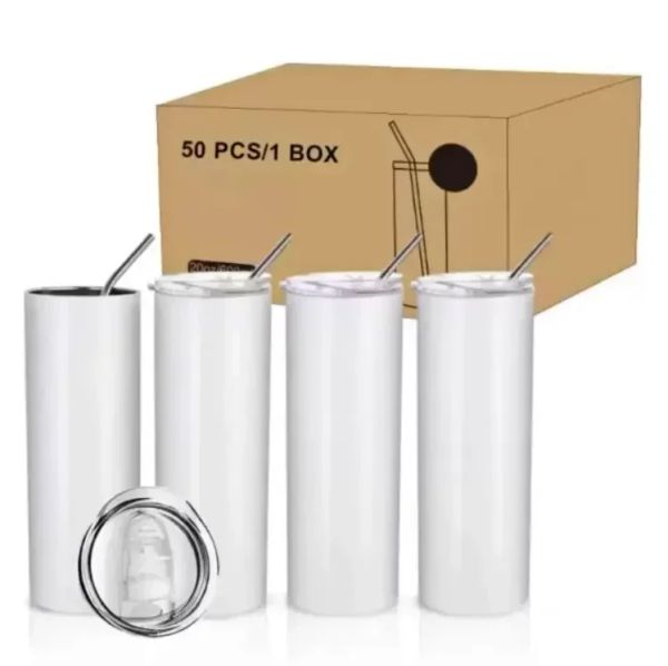 USA Stock DIY 20 oz Sublimación Vasos rectos con fondos de goma de paja de acero Vaso de acero inoxidable Taza de café Botella de agua en blanco