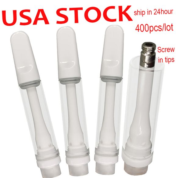 USA STOCK Chariots entièrement en céramique Cartouches de vape de 1 ml Huile épaisse Plat à visser Réservoir en verre Vide E-cigarette Bobine en céramique Fil 510 Sans plomb Trous d'huile de 2 mm Atomiseurs V22