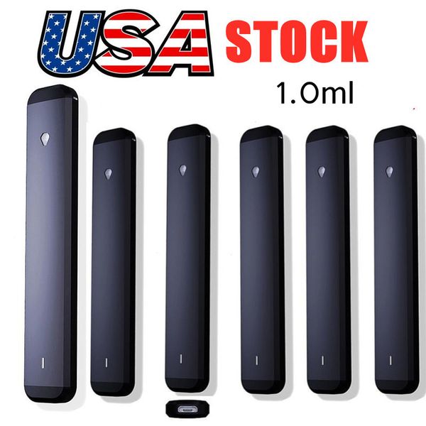 USA STOCK Stylo vape jetable rechargeable de 1 ml, batterie de 280 mah, dispositif noir, réservoir d'huile épais vide, sans colmatage, sans plomb, 50 pièces / caisse, commande d'échantillon, emballage avec logo OEM