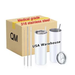 USA Voorraad Sublimatie Blanks Wit 20 oz Mokken Rechte Waterfles Tuimelaars Met Deksel Plastic Stro Roestvrijstalen Vacuüm Cups t1027