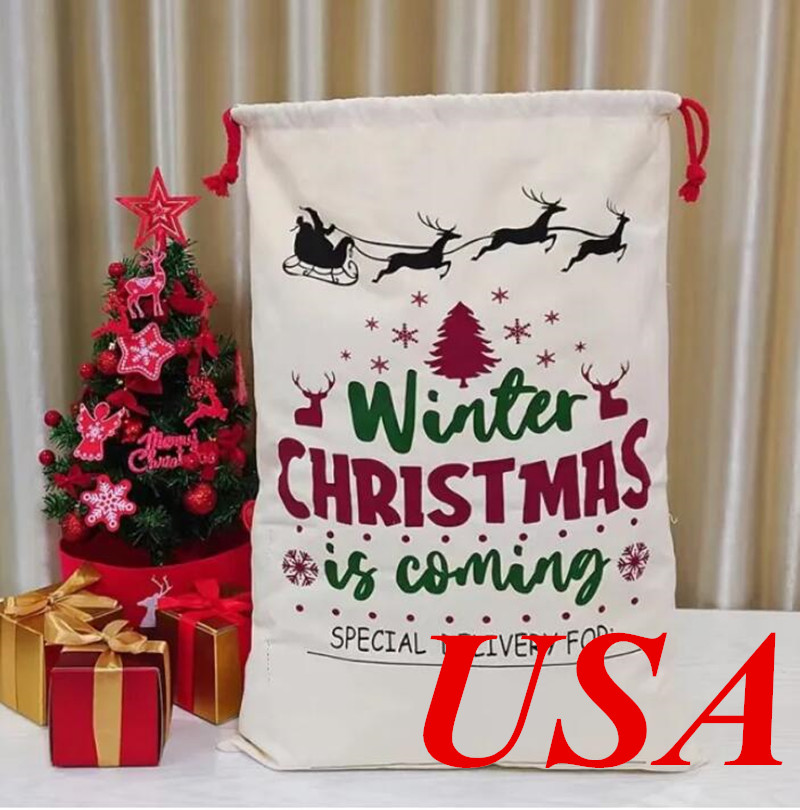 США на складе, сублимационная сумка Санта-мешки, рождественские подарочные пакеты для хранения подарков, чулки или украшения, 50 шт./коробка