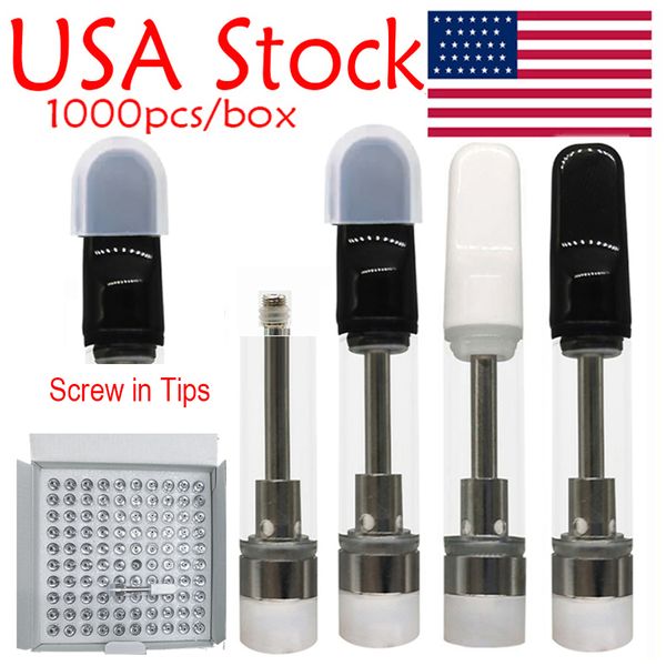 USA STOCK Cartouches de vape 1 ml Chariots d'e-cigarette Atomiseurs d'huile épaisse Vide Plat Vis dans les conseils Vaporisateur à bobine en céramique Blanc Noir 510 fil Atomiseur Logo personnalisé