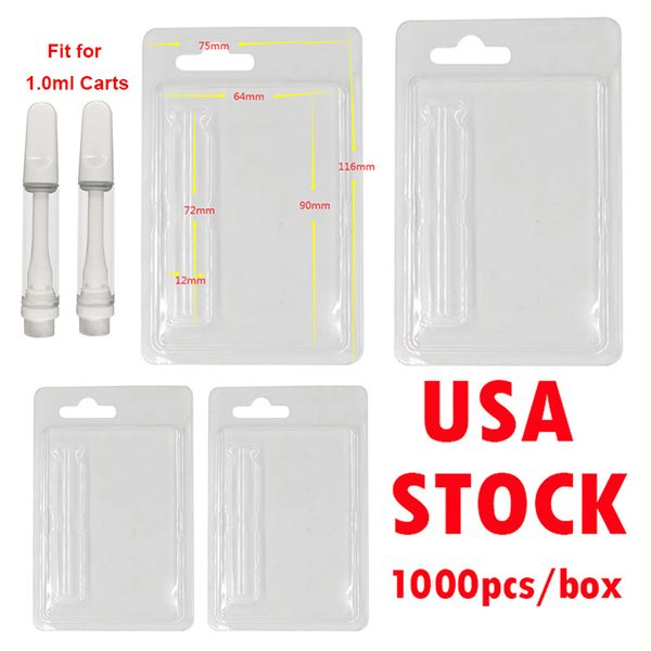 USA Stock Cartouches Vape Emballage Blister Pack Cas 1 ml 0,8 ml Cintre en PVC transparent 510 fils Atomiseurs Paquet En plastique ClamShell Case E Cigarettes 1000pcs une boîte