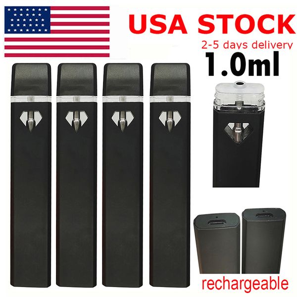 1 ml stylo vape jetable USA STOCK E-cigarette Pod céramique bobine vaporisateur chariots huile épaisse vide rechargeable 280 mah batterie plat diamant fenêtre stylos logo personnalisé boîte