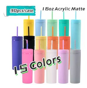 Existencias de EE. UU. 15 colores Matte 16 oz Tumblers de plástico Doble pared de botellas de agua acílico tazas de cafetería con tapas coloridas