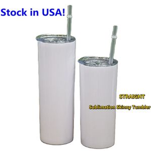 USA Voorraden Sublimatie 15oz STRAIGHT Skinny Tumblers met Plastic Deksel Stro RVS Dubbelwandig Geïsoleerd Vacuüm Blanks W312C