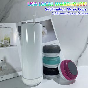 USA STOCKS Gobelets de musique droits à sublimation de 20 oz avec gobelet Bluetooth Couvercle de paille vierges Tasses à café fines à double paroi en acier inoxydable Tasses de voyage Tasses de fête