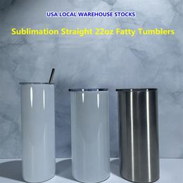 EUA Stocks Sublimação 22oz Straight Fatty Tumblers Aço Inoxidável Parede Dupla Isolada Vácuo Blanks Branco Garrafa de Água Skinny2464