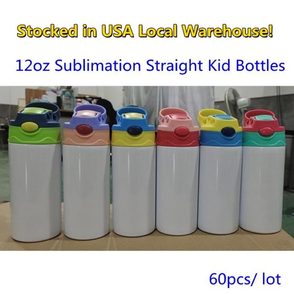 STOCKS DE EE. UU. Sublimación Botellas de agua para niños rectos Vasos en blanco 350 ml 12 oz Taza para sorber Transferencia de calor Recubierto de dibujos animados Doble pared St2328
