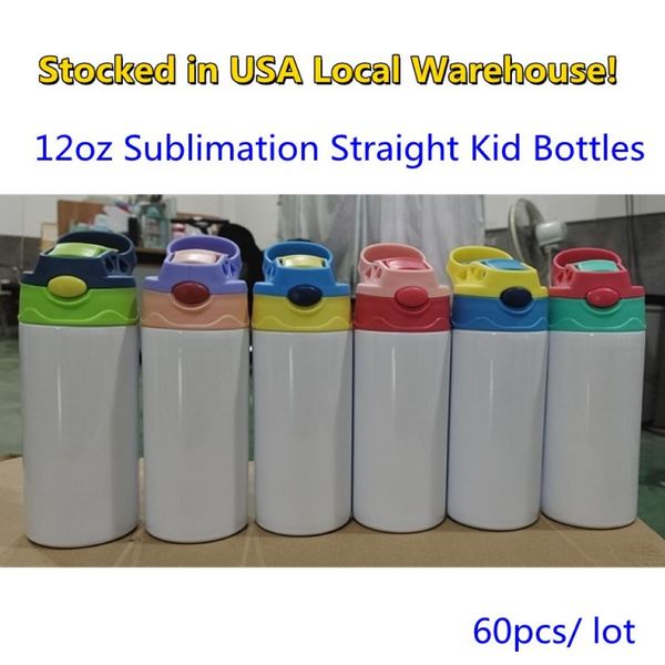 STOCKS DE EE. UU. Sublimación Botellas de agua para niños rectas Vasos en blanco 350 ml 12 oz Taza para sorber Transferencia de calor Recubierto de dibujos animados Doble pared St268k