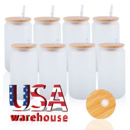 Usa Warehouse Tasses en verre givré transparent de 16 oz, verre à Sublimation, gobelets en forme de canette avec couvercle en bambou, stock local canadien 0118