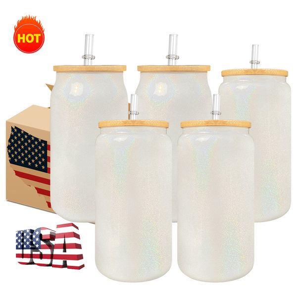 Almacén de EE. UU., tazas de vidrio transparente esmerilado de 16 oz, tarros de albañil, tazas de viaje para beber, vasos de impresión con prensa de calor, 50 unidades/caja de cartón ss0525