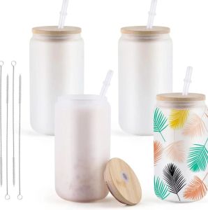 Almacén de EE. UU. Vasos de sublimación esmerilados de 16OZ con tapa de bambú Fácil de sublimar Vasos en blanco DIY para tazas de café helado Regalos Nuevo