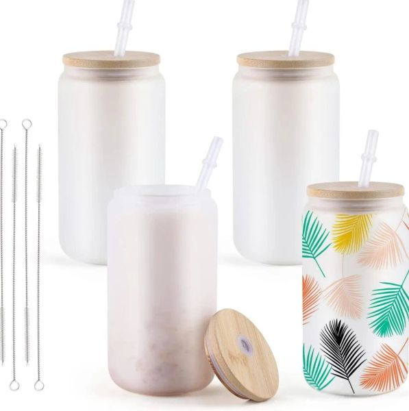 Entrepôt américain Gobelets à sublimation givrés de 16 oz avec couvercle en bambou Facile à sublimer les blancs de gobelet DIY pour les cadeaux de tasses à café glacé bb0408