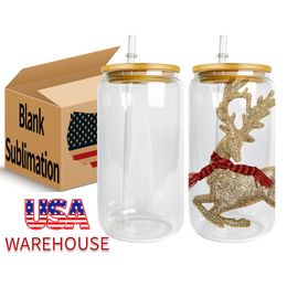 USA Warehouse 16oz Mokken Sublimatie Blanks Tumbler Mason Jar Mok Met Bamboe Deksel Stro Groothandel