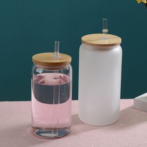 Almacén de EE. UU. Vasos de vidrio transparente esmerilado por sublimación de 16 oz con tapa de bambú vasos de paja de plástico cola tarro de albañil bebidas copas de vino latas de comida 25 piezas / caja