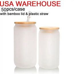 EE. UU. Almacén 16 oz Tazas de vidrio de sublimación Blancos con tapa de bambú Lata de cerveza helada Vaso de borosilicato Tazas de tarro de albañil con pajita de plástico
