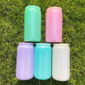 Entrepôt américain 16oz texturé argent rose violet bleu vert sublimation vierge paillettes rugueuses boîte en verre enduit de poudre avec couvercle en plastique et paille