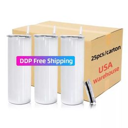 USA Warehouse Vaso de acero inoxidable recto recto en blanco con sublimación de 20 oz con pajita wly935