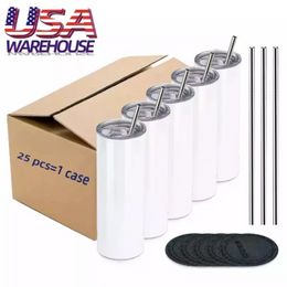 USA Warehouse Gobelets de 20 oz Blancs de sublimation Tasses d'impression de transfert de chaleur en acier inoxydable blanc Tasses de voiture de thé de café droites isolées sous vide