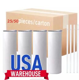 USA Warehouse 20oz Blanks Sublimation Tumbler Stainess Steel Coffee Tea Mugs Insulted Water Cup avec Plastic Straw and Lid GG020