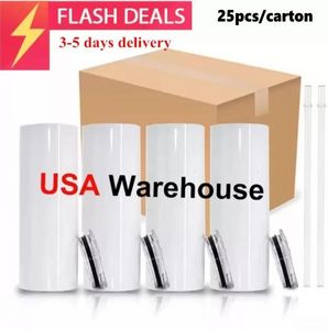 USA Magazijn 20oz Blanks Sublimatie Tumbler Stainessstaal Koffie Thee Mokken Beledigd Water Cup Met Plastic Stro En Deksel