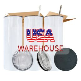 VS Warehouse 20oz Spaties Witte sublimatie Mokken Waterfles Drinkware Roestvrij stalen tuimelaars met plastic stro en deksel BB0412