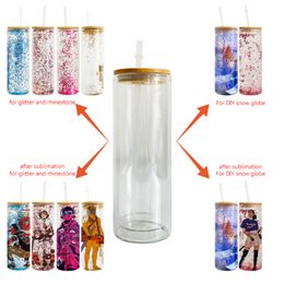 EE. UU. Almacén 20 oz Vaso de vidrio de bola de nieve de doble pared Vaso con tapa de bambú y ajuste de paja de plástico Brillo de 3 mm para tazas de refresco de café helado SS1109