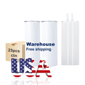 USA Warehouse Tazas de sublimación de 20 oz Prensa de calor Doble pared 20 oz Vasos de sublimación en blanco rectos con tapa de paja JY10