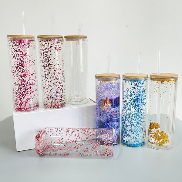 Entrepôt américain 20oz sublimation maigre boule à neige droite ajustement 3mm paillettes double paroi verre transparent soda bière café eau gobelet à cocktails avec couvercle en bambou