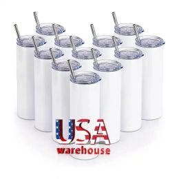 USA Warehouse 20oz Sublimación Tumblers Stainess Taza de café de acero Blanks Bottles de agua blanca con paja y tapa de plástico