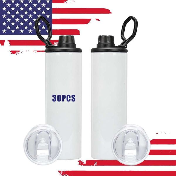 USA Warehouse 20oz Incassable blanc droit en acier inoxydable en acier inoxydable sublimation bouteille d'eau de sport avec paille 2 couvercles